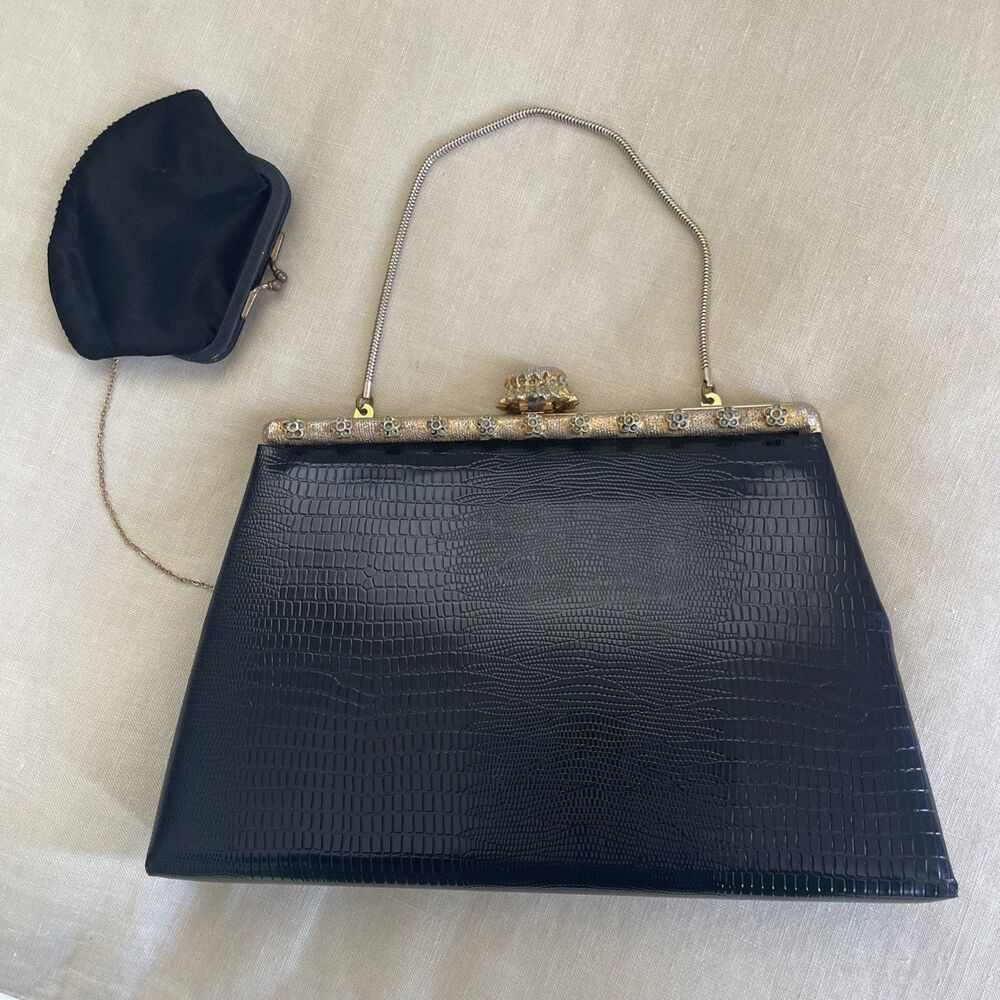 Vintage Etra Embossed Black Lizard Leather Clutch Coin Purse Bag Turquoise Beads